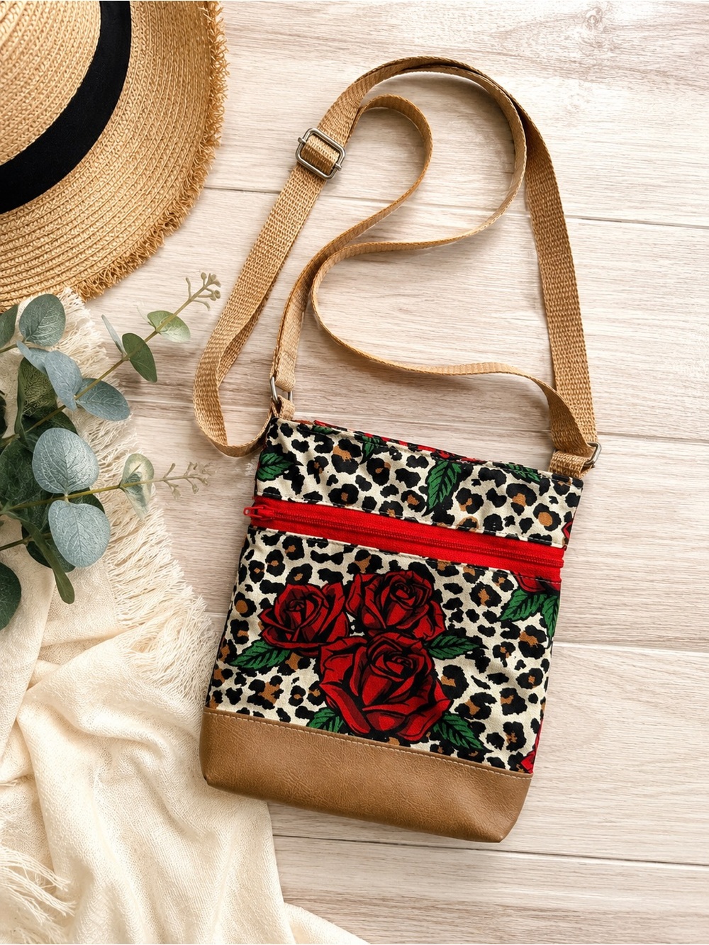 Handmade Leopard & Red Rose Small Crossbody Bag  Adjustable Strap